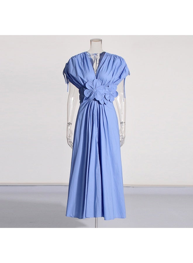 Madam Uniq Light Blue 3D Flower - Embellished V - Neck Midi Dress  - Image 2