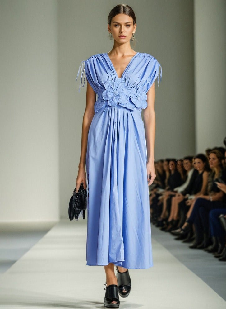 Madam Uniq Light Blue 3D Flower - Embellished V - Neck Midi Dress  - Image 1