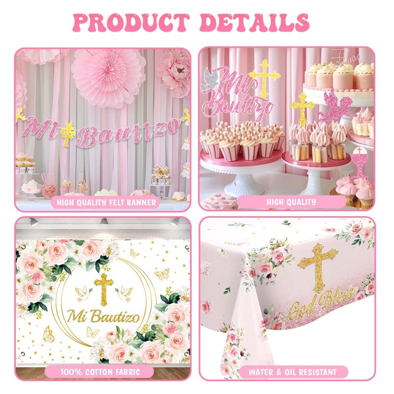 Hombae Mi Bautizo Decorations for Girls, Bautizo Decorations, Pink Baptism Decorations, First Communion Christening Decorations for Baby Girl, Backdrop Tablecloth Balloon Banner Cake Cupcake Topper - Image 2
