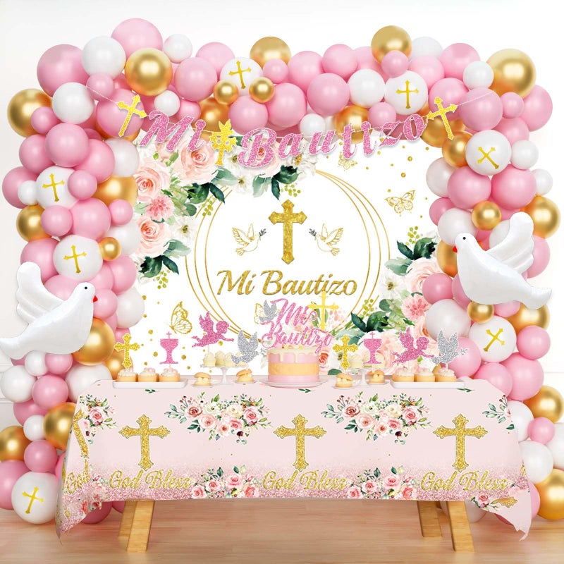 Hombae Mi Bautizo Decorations for Girls, Bautizo Decorations, Pink Baptism Decorations, First Communion Christening Decorations for Baby Girl, Backdrop Tablecloth Balloon Banner Cake Cupcake Topper - Image 1