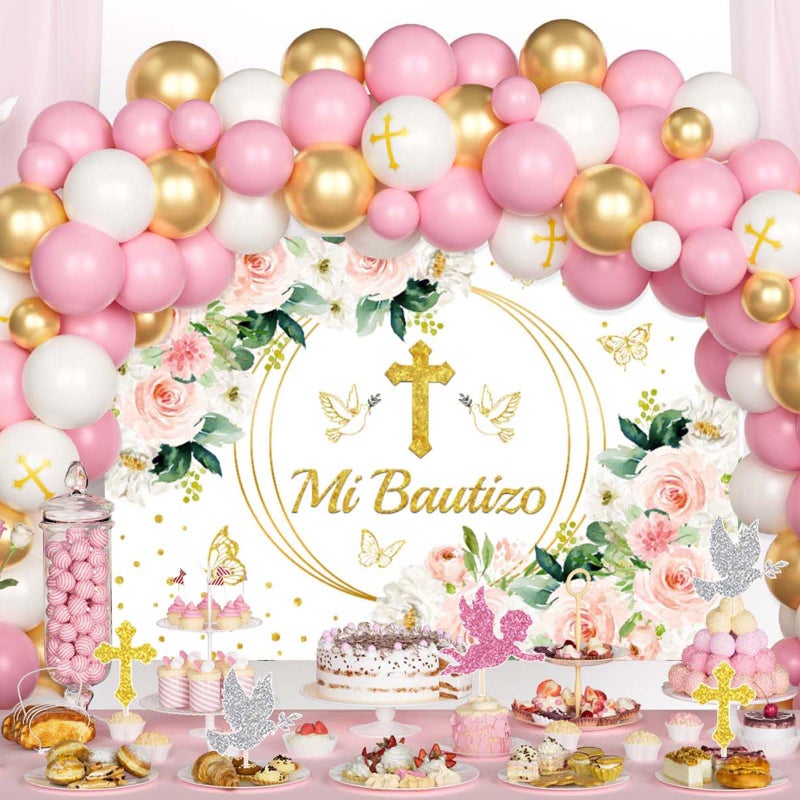 Hombae Mi Bautizo Decorations for Girls, Bautizo Decorations, Pink Baptism Decorations, First Communion Christening Decorations for Baby Girl, Backdrop Tablecloth Balloon Banner Cake Cupcake Topper - Image 4