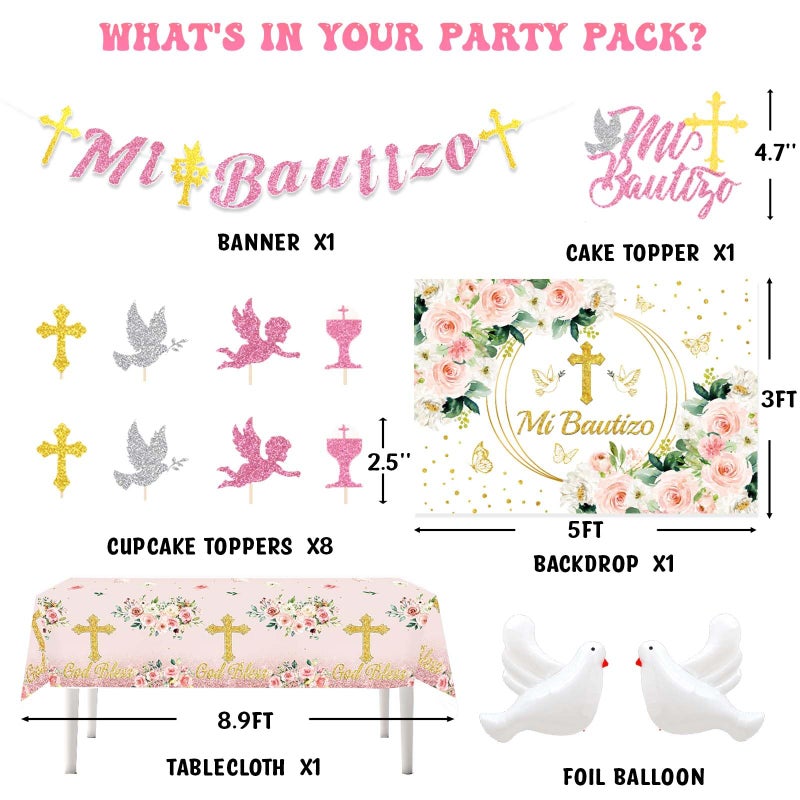 Hombae Mi Bautizo Decorations for Girls, Bautizo Decorations, Pink Baptism Decorations, First Communion Christening Decorations for Baby Girl, Backdrop Tablecloth Balloon Banner Cake Cupcake Topper - Image 5