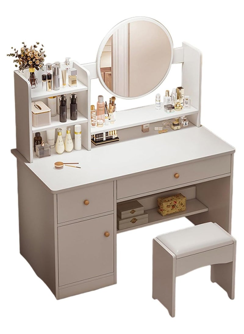 DubaiGallery Makeup Vanity Desk with Lights Mirror, 3 Lighting Colors Brightness Adjustable, White Vanity Set Makeup Table with 2 Drawers, Cabinets and Multiple Shelves, Large Vanity  - Image 1