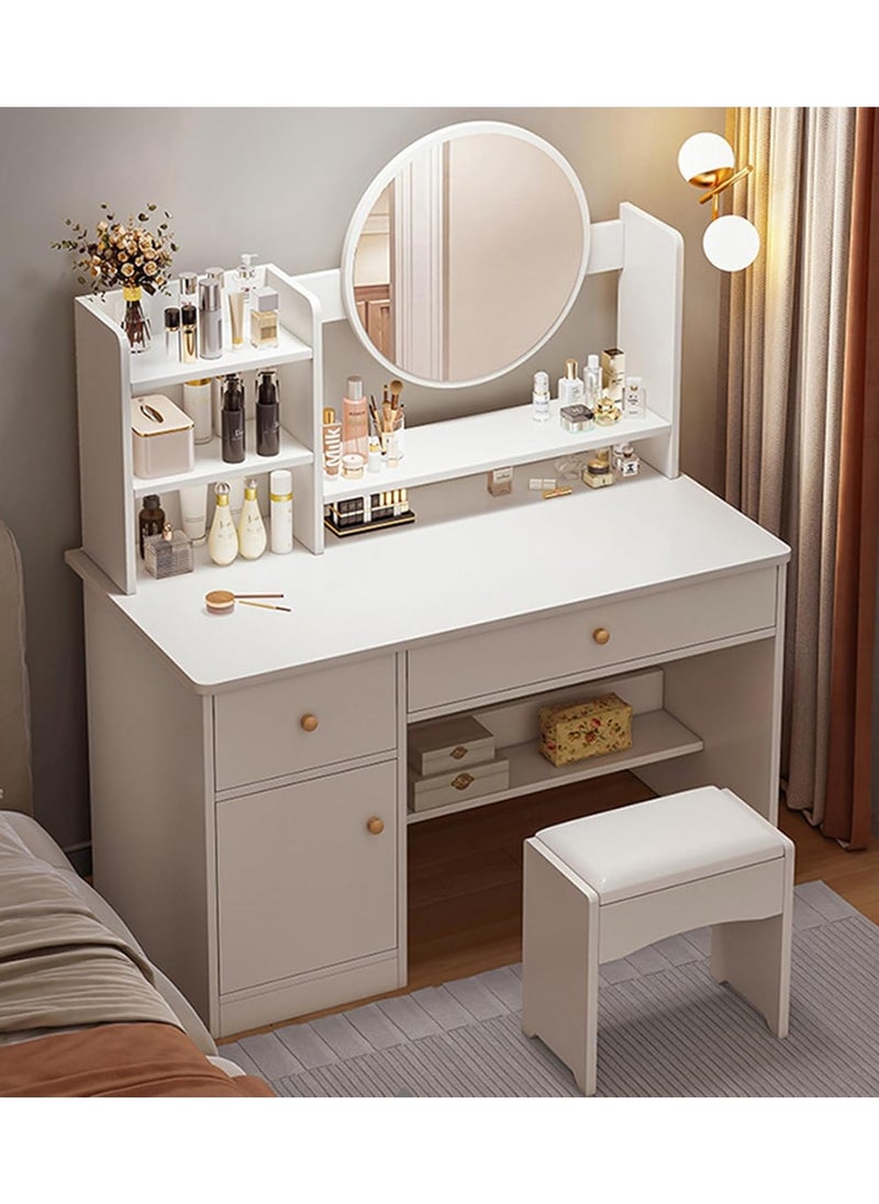 DubaiGallery Makeup Vanity Desk with Lights Mirror, 3 Lighting Colors Brightness Adjustable, White Vanity Set Makeup Table with 2 Drawers, Cabinets and Multiple Shelves, Large Vanity  - Image 2