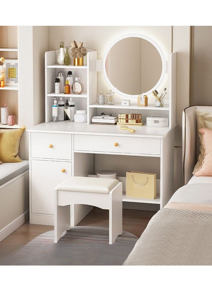DubaiGallery Makeup Vanity Desk with Lights Mirror, 3 Lighting Colors Brightness Adjustable, White Vanity Set Makeup Table with 2 Drawers, Cabinets and Multiple Shelves, Large Vanity  - Image 3
