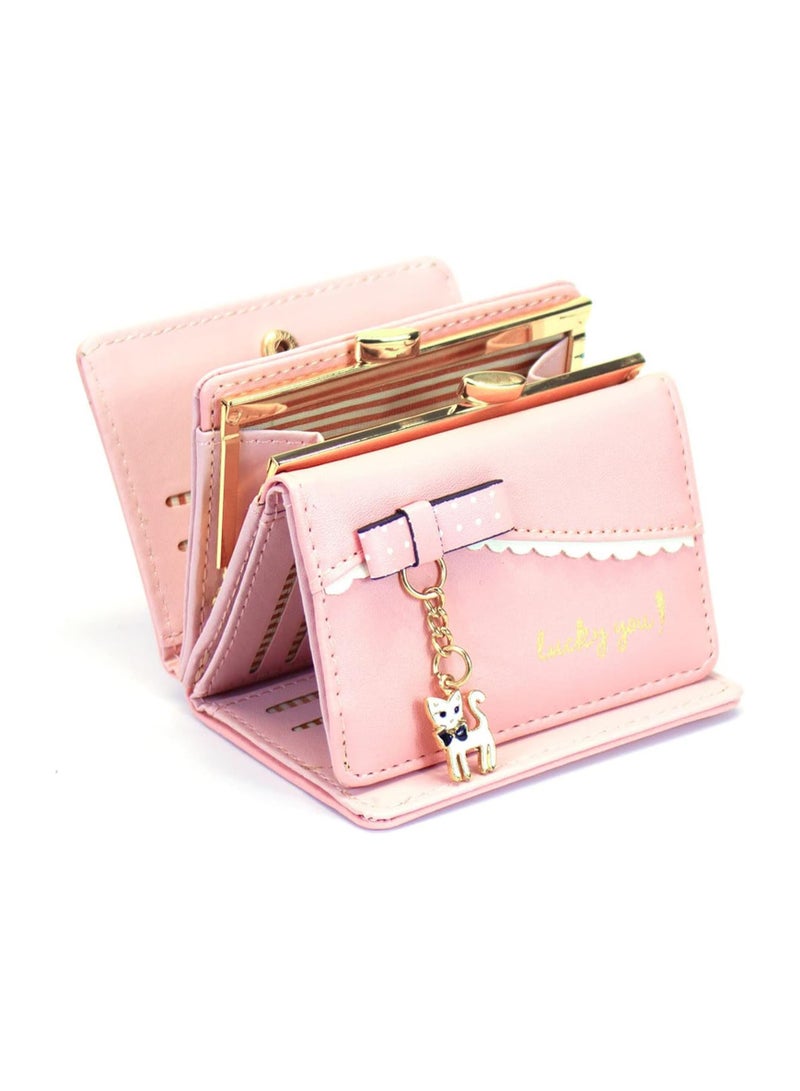 lovely Cat Pendant Leather Wallet Card Holder for Women Small Front Pocket Organizer Coin Purse in Pink - Image 1