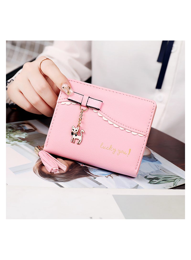lovely Cat Pendant Leather Wallet Card Holder for Women Small Front Pocket Organizer Coin Purse in Pink - Image 2