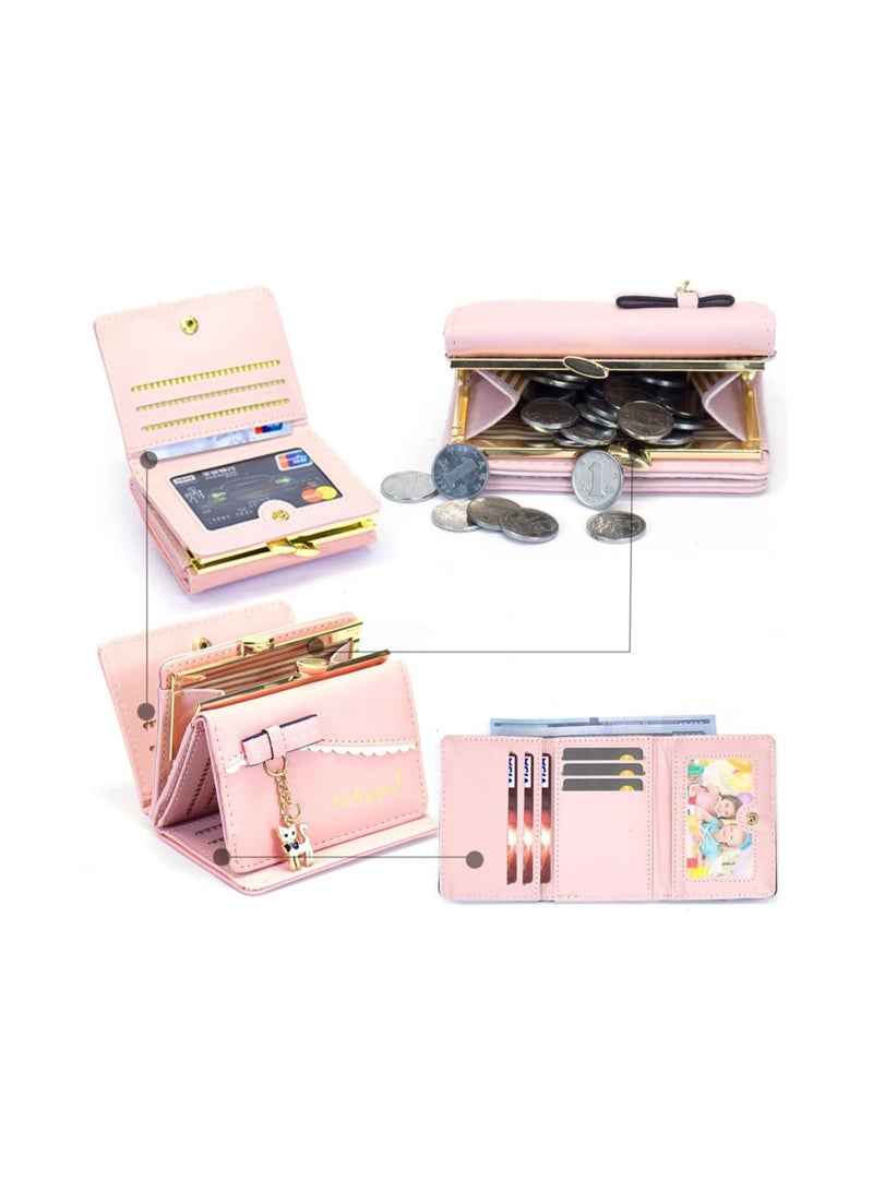 lovely Cat Pendant Leather Wallet Card Holder for Women Small Front Pocket Organizer Coin Purse in Pink - Image 5
