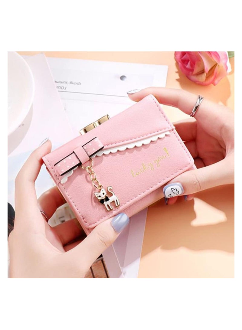 lovely Cat Pendant Leather Wallet Card Holder for Women Small Front Pocket Organizer Coin Purse in Pink - Image 3