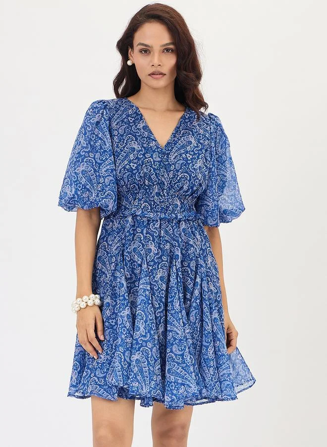 Blue Paisley Printed Puff Sleeve Mini Dress