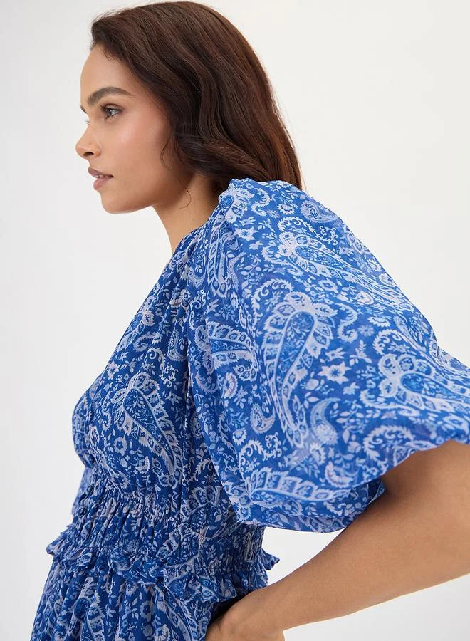 Femmella  Blue Paisley Printed Puff Sleeve Mini Dress for Women | Best Price UAE