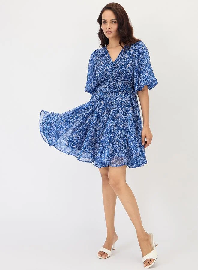 Femmella  Blue Paisley Printed Puff Sleeve Mini Dress for Women | Best Price UAE
