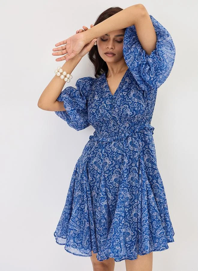 Femmella  Blue Paisley Printed Puff Sleeve Mini Dress for Women | Best Price UAE