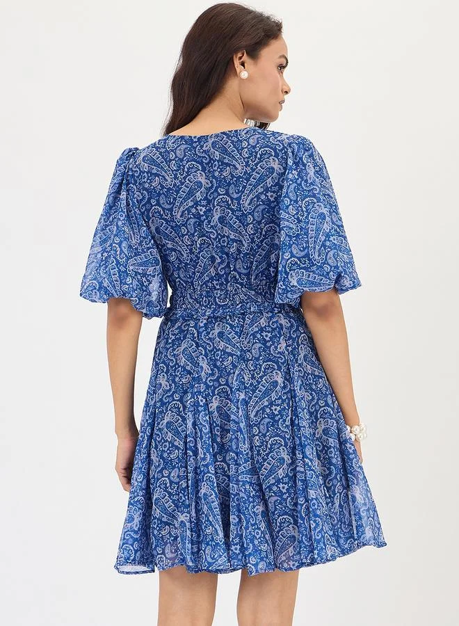 Femmella  Blue Paisley Printed Puff Sleeve Mini Dress for Women | Best Price UAE