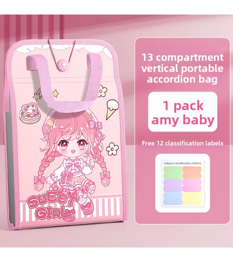 Pink 13 Layer Portable Cute Cartoon A4 Vertical Accordion Bag Study Office Document Organizer Expanded File Holder Storage Tool 37cm X 24cm Large Capacity Elastic Band Buckle Outing Multicolor - Image 5