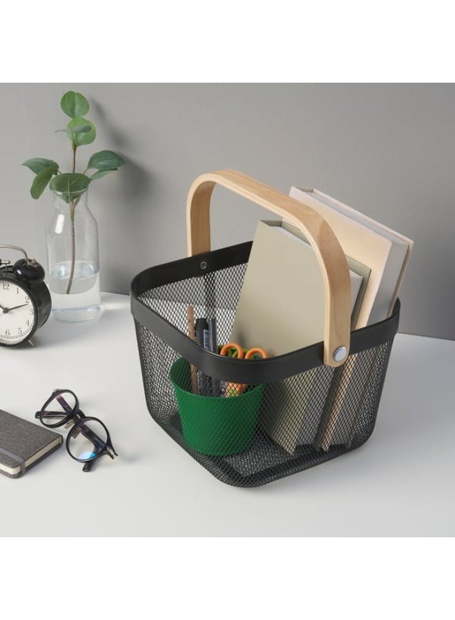 ريساتورب ريستورب سلة سوداء 25x26x18 سم سلة تخزين متينة من شبكة معدنية مع مقبض خشبي - Image 2