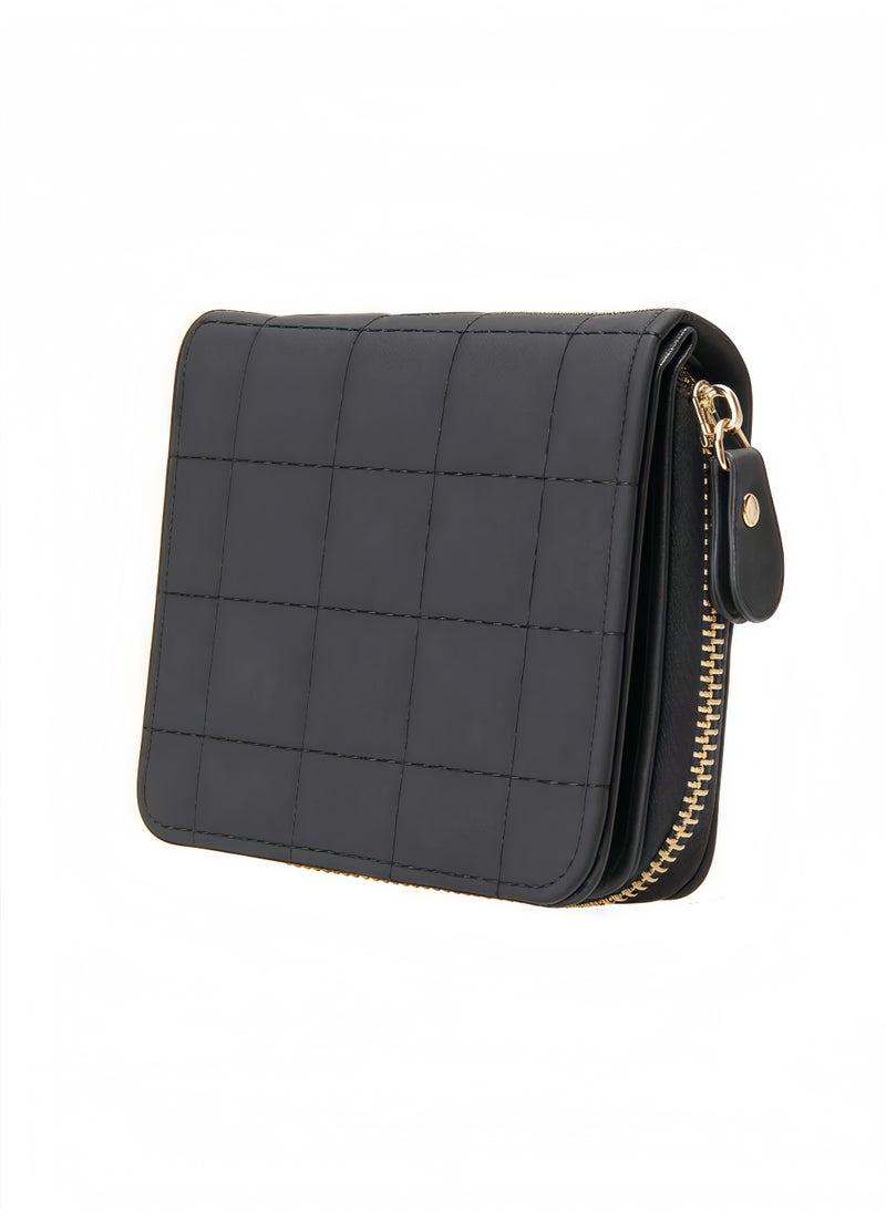 Peachjoy Women's Wallet, Premium PU Leather Purse Small RFID Blocking Ladies Wallet with Stainless Steel Zipper, Short Grid Style Wallet Card Holder Case Coin Pocket for Women Girlfriend, Black  - Image 1