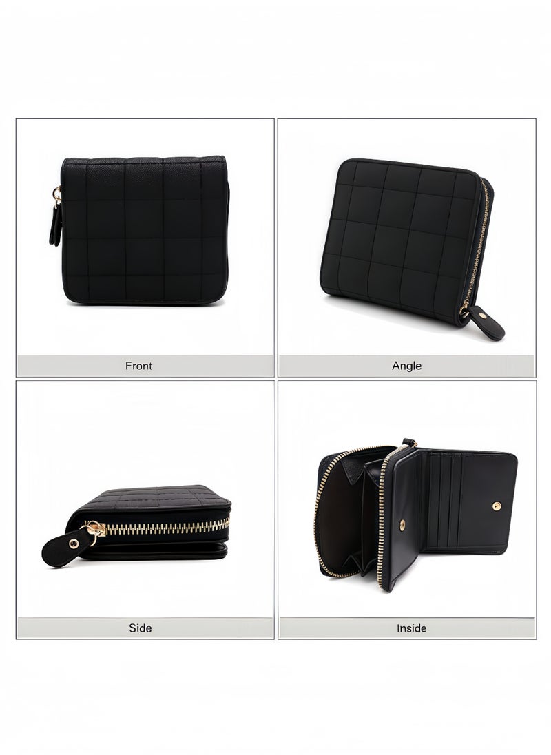 Peachjoy Women's Wallet, Premium PU Leather Purse Small RFID Blocking Ladies Wallet with Stainless Steel Zipper, Short Grid Style Wallet Card Holder Case Coin Pocket for Women Girlfriend, Black  - Image 5