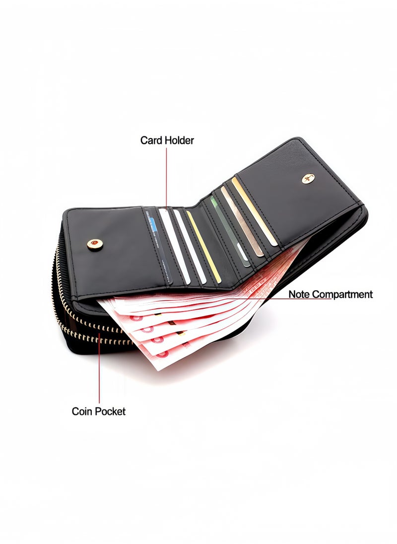 Peachjoy Women's Wallet, Premium PU Leather Purse Small RFID Blocking Ladies Wallet with Stainless Steel Zipper, Short Grid Style Wallet Card Holder Case Coin Pocket for Women Girlfriend, Black  - Image 3