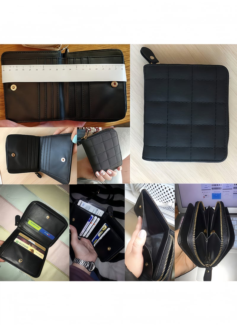 Peachjoy Women's Wallet, Premium PU Leather Purse Small RFID Blocking Ladies Wallet with Stainless Steel Zipper, Short Grid Style Wallet Card Holder Case Coin Pocket for Women Girlfriend, Black  - Image 2
