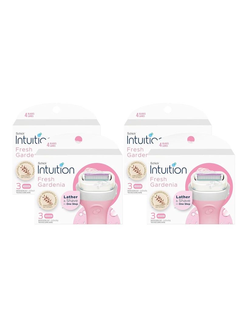 Intuition Schick Intuition - Lather & Shave In One Stop - Fresh Gardenia, Organic Oat Extract - Women's Razor Blade Refills - 3 Count Pack of 4 = 12 Cartridges, Vary 