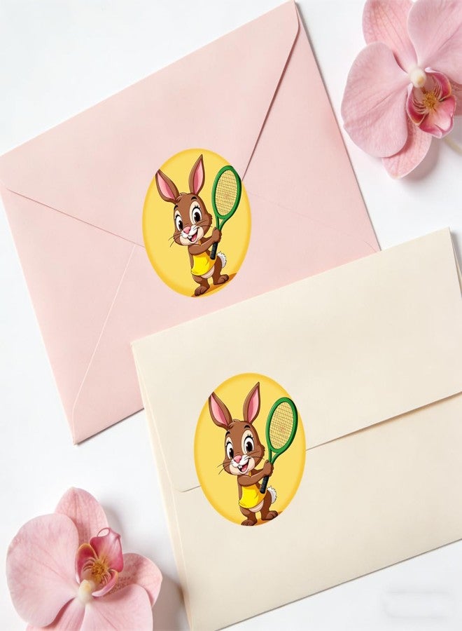 SLGIFT 48 قطعة من الملصقات الدائرية بتصميم أرنب أصفر يلعب التنس، ملصقات تغليف هدايا بتصميم حيوان كرتوني - Image 3