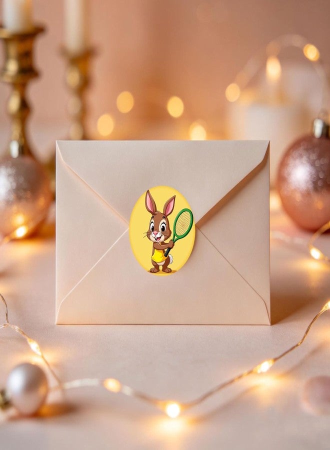 SLGIFT 48 قطعة من الملصقات الدائرية بتصميم أرنب أصفر يلعب التنس، ملصقات تغليف هدايا بتصميم حيوان كرتوني - Image 4