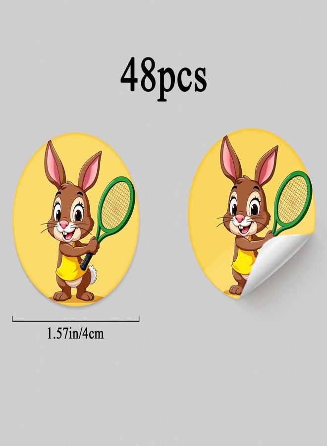 SLGIFT 48 قطعة من الملصقات الدائرية بتصميم أرنب أصفر يلعب التنس، ملصقات تغليف هدايا بتصميم حيوان كرتوني - Image 2