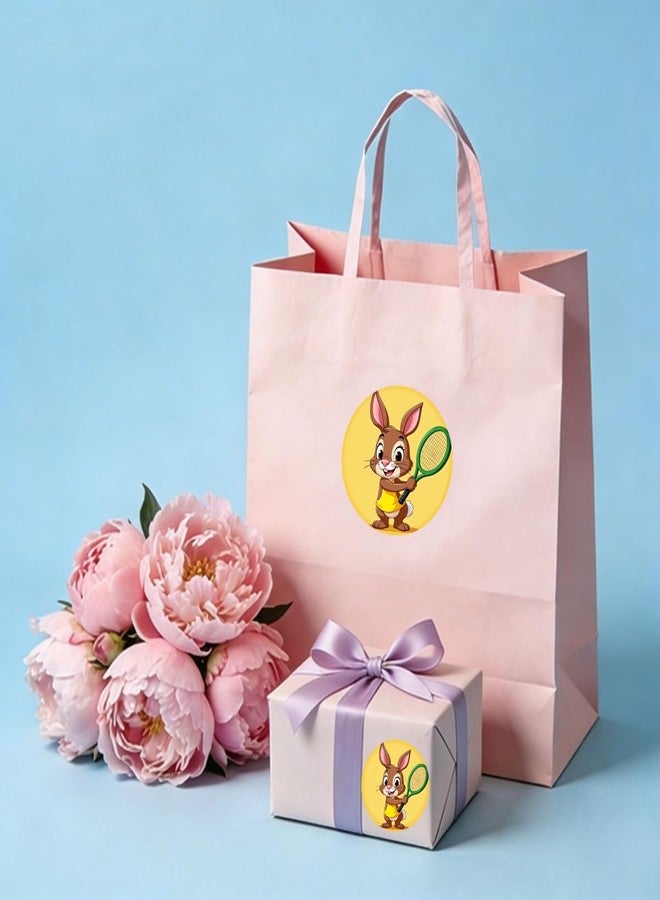 SLGIFT 48 قطعة من الملصقات الدائرية بتصميم أرنب أصفر يلعب التنس، ملصقات تغليف هدايا بتصميم حيوان كرتوني - Image 5