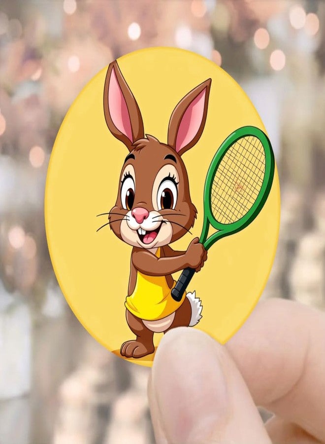 SLGIFT 48 قطعة من الملصقات الدائرية بتصميم أرنب أصفر يلعب التنس، ملصقات تغليف هدايا بتصميم حيوان كرتوني - Image 1