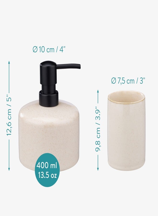 Navaris Ceramic Bathroom Accessories Set (3 Pieces) - Includes Soap Dispenser, Toothbrush Holder, Soap Dish - Modern Bath Accessory Holders - Sand - Image 4