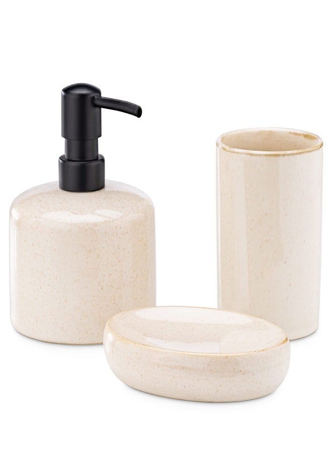 Navaris Ceramic Bathroom Accessories Set (3 Pieces) - Includes Soap Dispenser, Toothbrush Holder, Soap Dish - Modern Bath Accessory Holders - Sand - Image 1