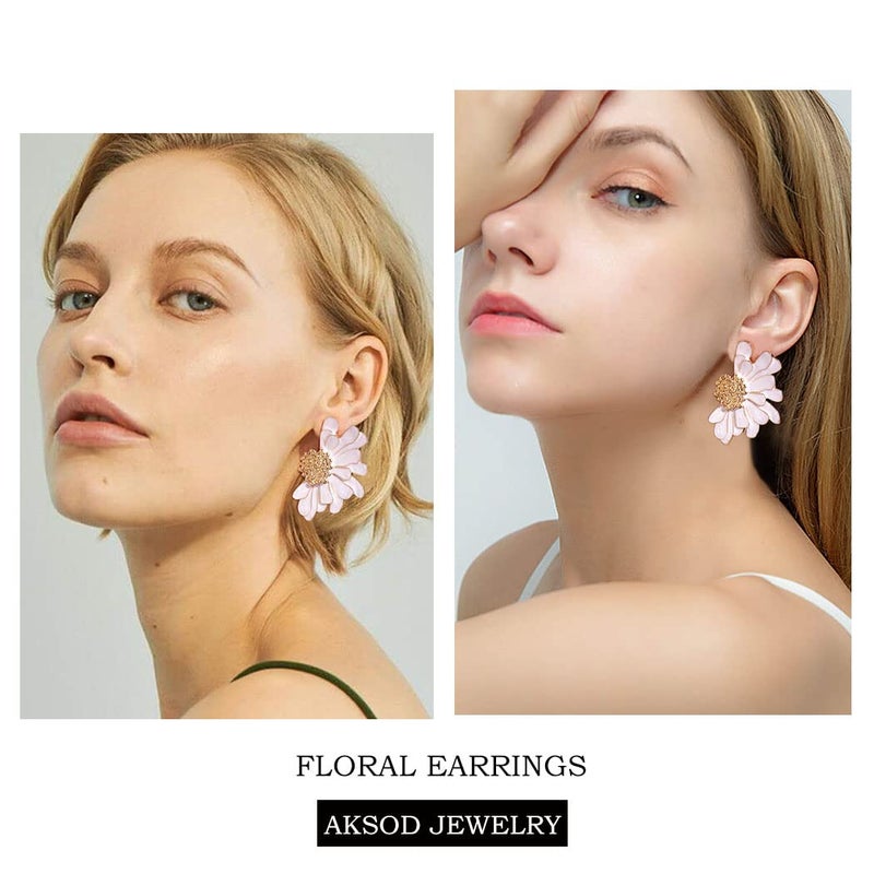 Aksod Vintage Flower Earrings Studs White Large Floral Earrings Bohemian Enamel Daisy Stud Summer Hawaii Wedding Party Earrings Jewelry for Women (White) - Image 4