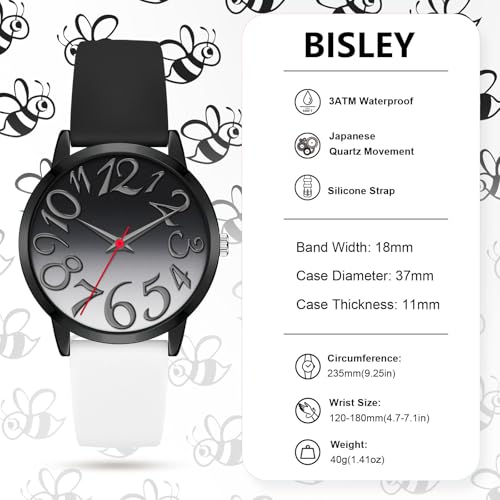 Bisley 37MM Watch for Women Black and White Watch Silicone Strap Waterproof Watch Big Face Easy to Read - Image 4