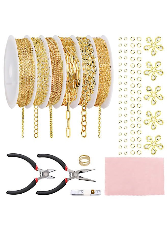 Fesorsi 46ft 6 Style Rolls Chain Bulk for Jewelry Making, Rolled Steel DIY Chain Link Plated for Necklace Earring Bracelet Anklet Jewelry Craft with Jump Rings, Lobster Clasps, Pliers (Gold) - Image 1
