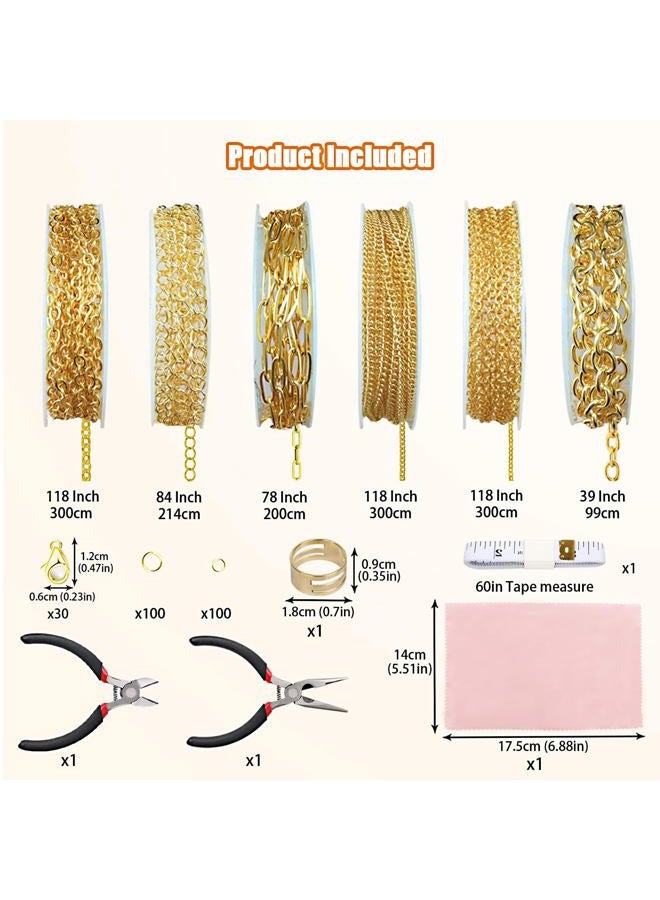 Fesorsi 46ft 6 Style Rolls Chain Bulk for Jewelry Making, Rolled Steel DIY Chain Link Plated for Necklace Earring Bracelet Anklet Jewelry Craft with Jump Rings, Lobster Clasps, Pliers (Gold) - Image 2