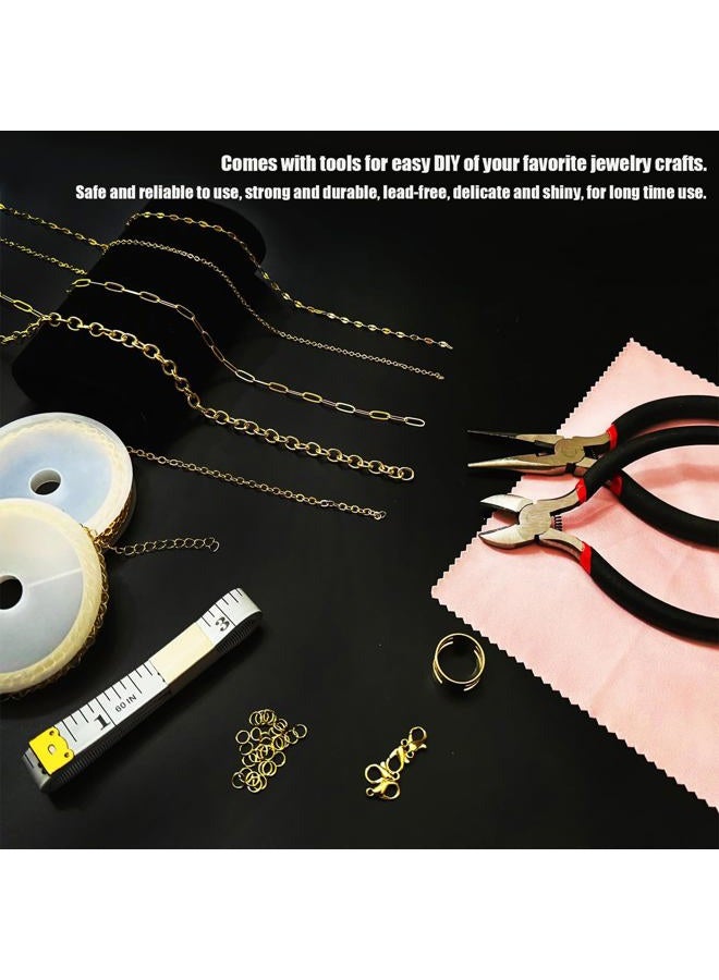 Fesorsi 46ft 6 Style Rolls Chain Bulk for Jewelry Making, Rolled Steel DIY Chain Link Plated for Necklace Earring Bracelet Anklet Jewelry Craft with Jump Rings, Lobster Clasps, Pliers (Gold) - Image 3