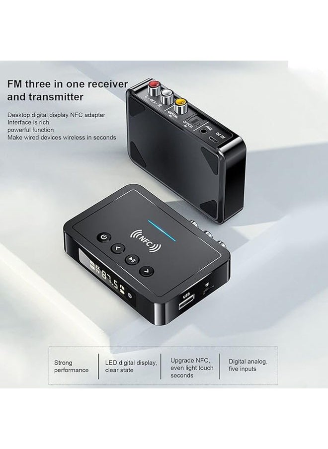 NFC Bluetooth 5.0 Transmitter Receiver, Bluetooth Receiver (RX), Bluetooth Transmitter (TX), FM Transmitter 3-in-1 Bluetooth Adapter for PC TV Flat Panel Speaker Home Car Audio System