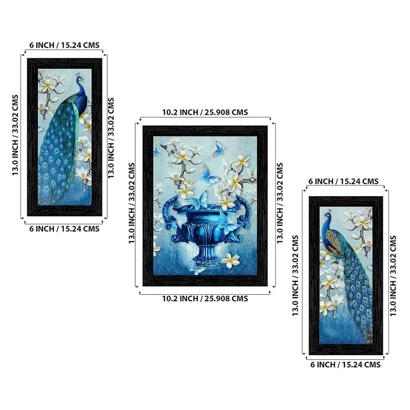 Indianara Indianara Set of 3 Beautiful Pair of Peacock and Flower vase Framed Art Painting 6 X 13 102 X 13 6 X 13 inch Black - Image 2