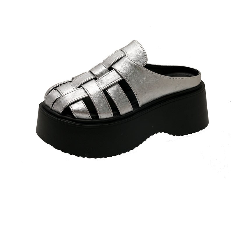 French-Style Woven Closed-Toe Mules For Women, 2025 Spring/ Platform Thick-Soled Hollow Versatile Roman Sandals - Image 1