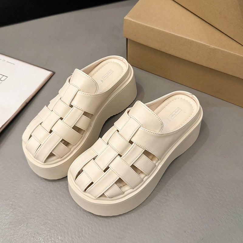 French-Style Woven Closed-Toe Mules For Women, 2025 Spring/ Platform Thick-Soled Hollow Versatile Roman Sandals - Image 4