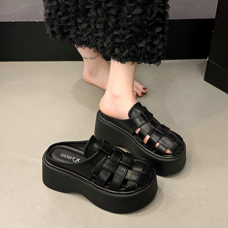 French-Style Woven Closed-Toe Mules For Women, 2025 Spring/ Platform Thick-Soled Hollow Versatile Roman Sandals - Image 5