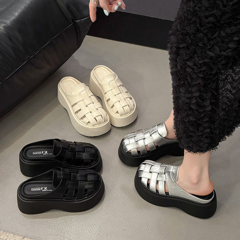 French-Style Woven Closed-Toe Mules For Women, 2025 Spring/ Platform Thick-Soled Hollow Versatile Roman Sandals - Image 2