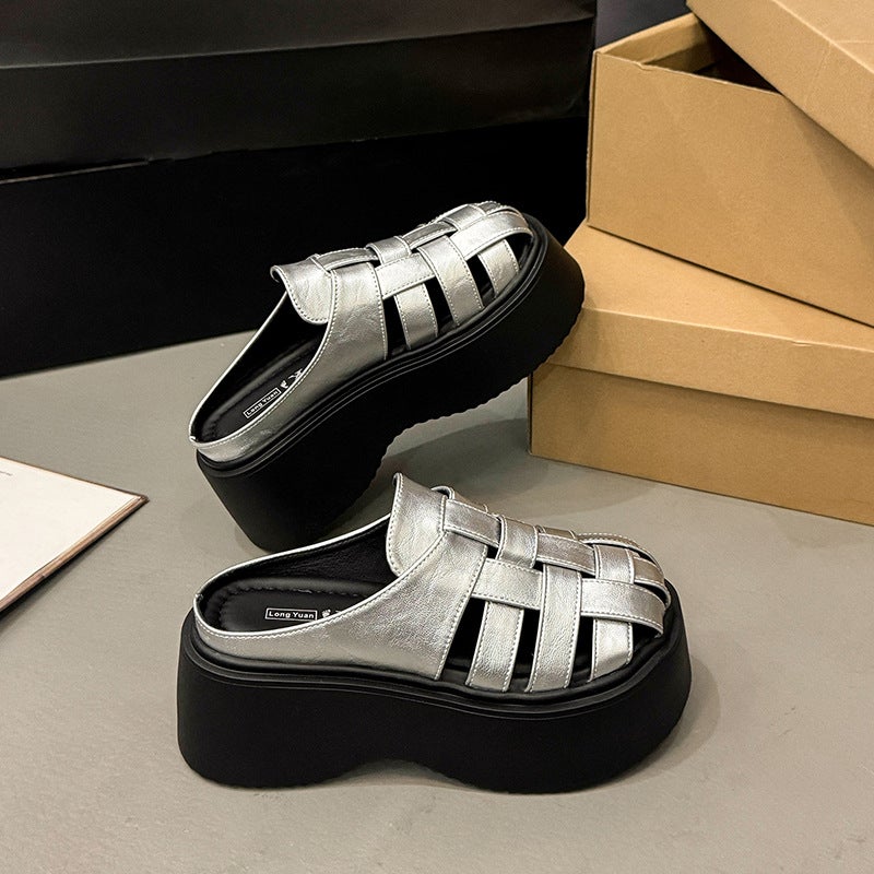French-Style Woven Closed-Toe Mules For Women, 2025 Spring/ Platform Thick-Soled Hollow Versatile Roman Sandals - Image 3