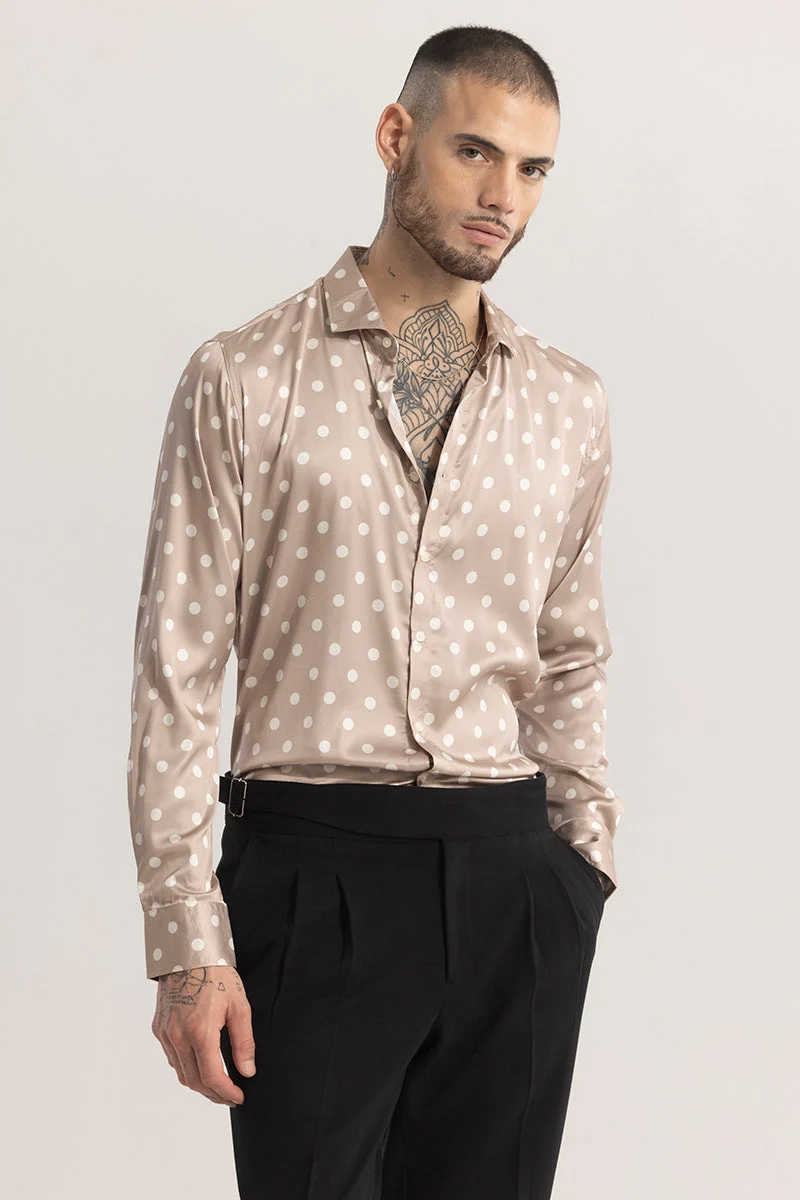 سنيتش Beige Polka Dots Long Sleeve Slim Fit Party Shirt