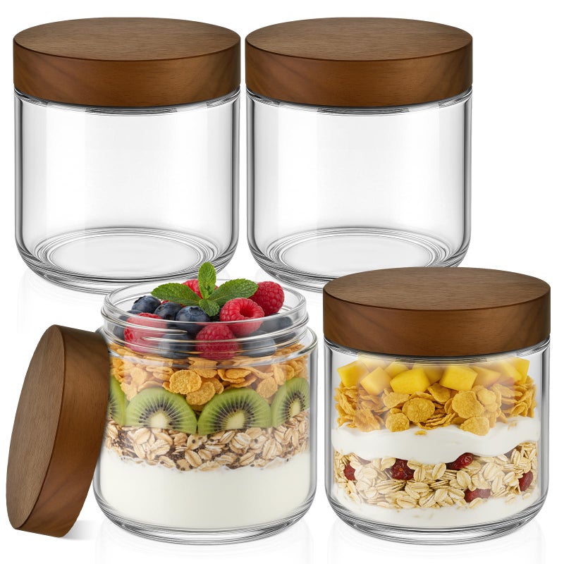 Bumobum 12 oz Glass Mason Jars with Lids, Glass Container with Acacia Wood Airtight Lid, Wide Mouth Canisters for Chia Pudding Loose Tea Coffee Meal Prep Parfait Salad Snacks Yogurt Spice, 4-Pack - Image 1