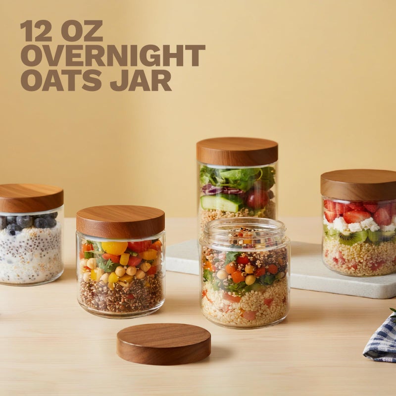 Bumobum 12 oz Glass Mason Jars with Lids, Glass Container with Acacia Wood Airtight Lid, Wide Mouth Canisters for Chia Pudding Loose Tea Coffee Meal Prep Parfait Salad Snacks Yogurt Spice, 4-Pack - Image 2
