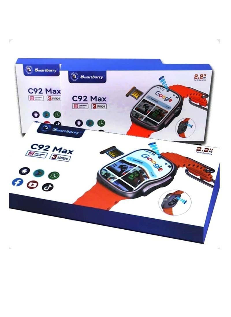 Smart Berry - C92 max Smart Watch 4G Network Android Smart Watch with 3 Pairs Straps 64GB Memory Support SIM Card and Google Play Support  All Apps as a Mobile Phone in Your Hand with 2 Camera for Taking Pictures - Image 1
