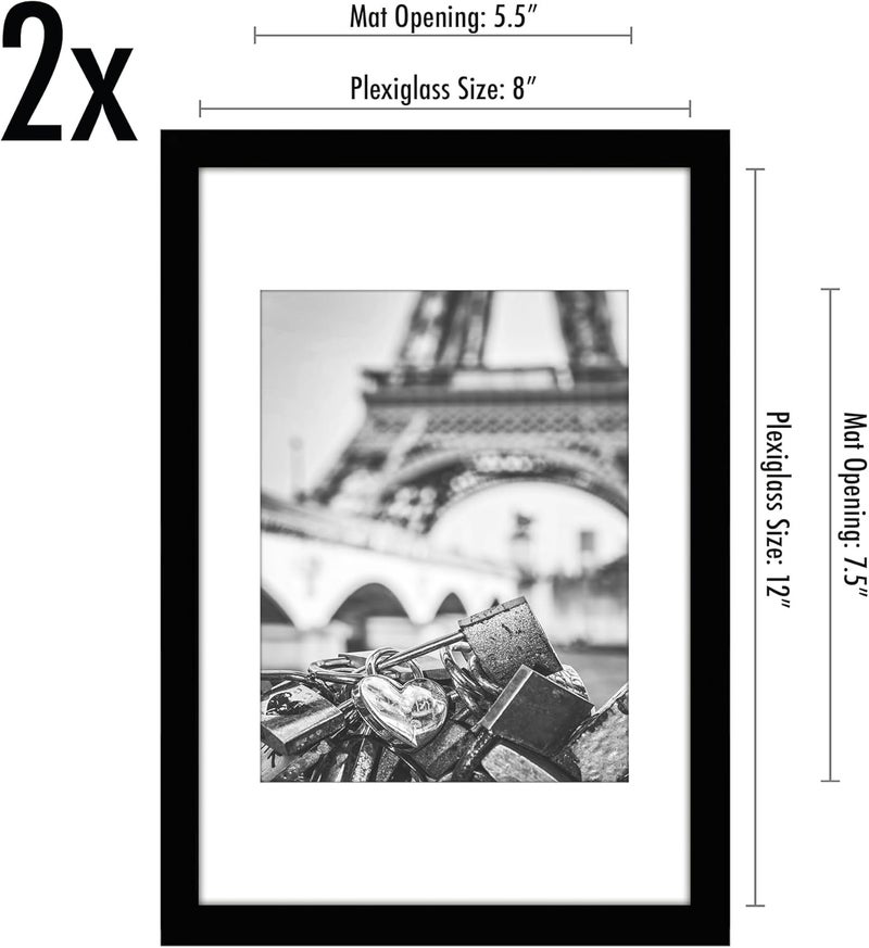 Americanflat 8x12 Picture Frame with Polished Plexiglass - Set of 2 - Use as 6x8 Frame with Mat or 8x12 Frame Without Mat - Galleria Collection - Gallery Wall Frame Set for Wall Display - Black - Image 2