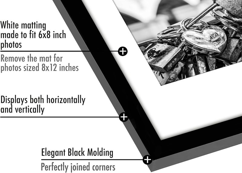 Americanflat 8x12 Picture Frame with Polished Plexiglass - Set of 2 - Use as 6x8 Frame with Mat or 8x12 Frame Without Mat - Galleria Collection - Gallery Wall Frame Set for Wall Display - Black - Image 3